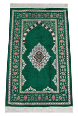 Luxe chenille gebedskleed met groene bloemmotieven en mihrab-design - Islamboekhandel.nl