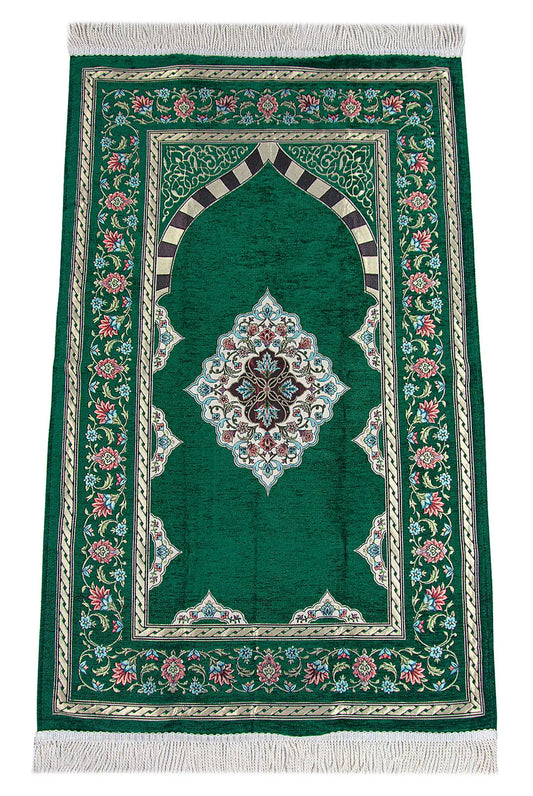 Luxe chenille gebedskleed met groene bloemmotieven en mihrab-design - Islamboekhandel.nl