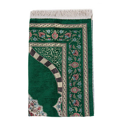 Luxe chenille gebedskleed met groene bloemmotieven en mihrab