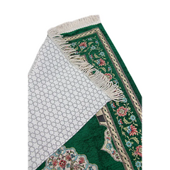 Luxe chenille gebedskleed met groene bloemmotieven en mihrab