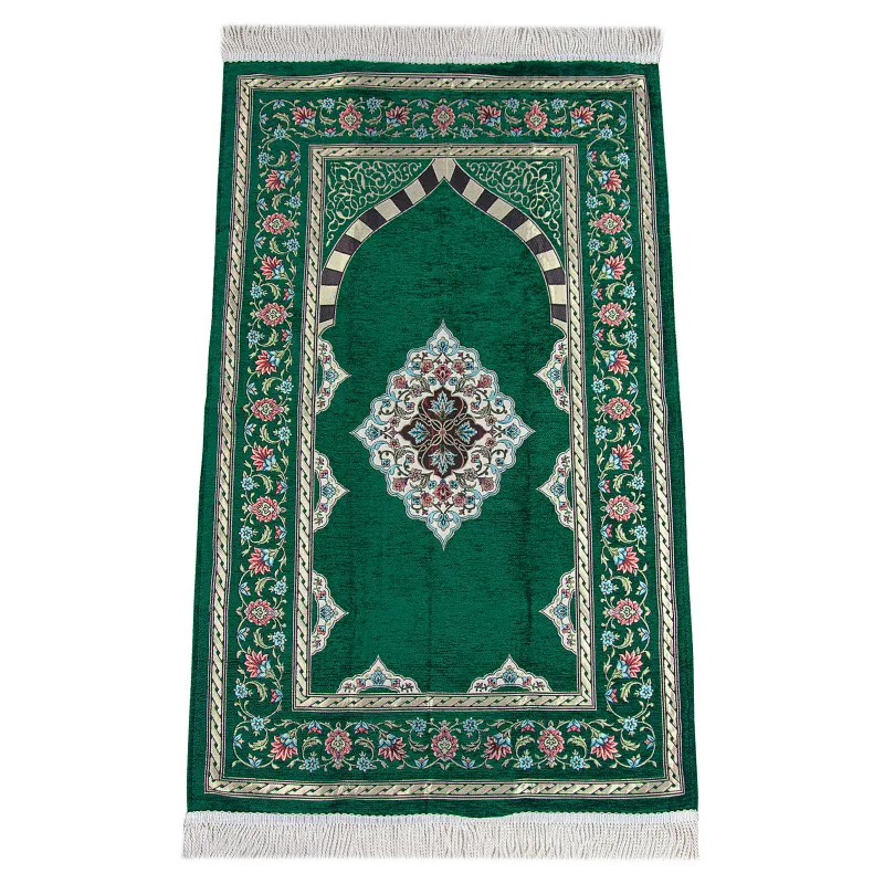 Luxe chenille gebedskleed met groene bloemmotieven en mihrab-design