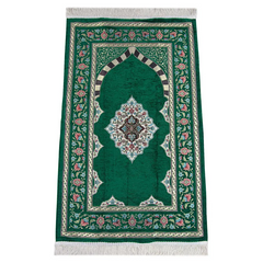 Luxe chenille gebedskleed met groene bloemmotieven en mihrab-design