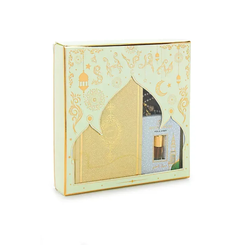 Luxe créme cadeauset met gebedskleed, tasbih, koran engels/arabisch en parfum - Islamboekhandel.nl