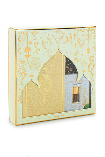 Luxe créme cadeauset met gebedskleed, tasbih, koran engels/arabisch en parfum - Islamboekhandel.nl