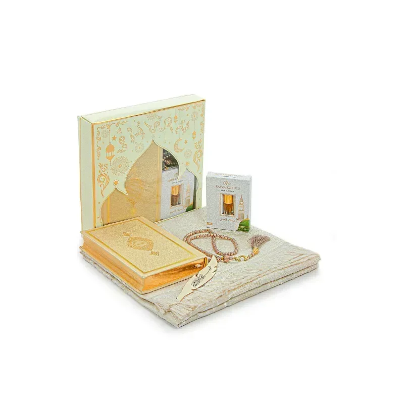 Luxe créme cadeauset met gebedskleed, tasbih, koran engels/arabisch en parfum - Islamboekhandel.nl