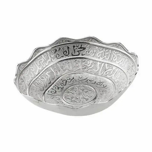 Luxe zilveren decoratieschaal klein formaat met arabische kalligrafie en bloemmotieven etsen