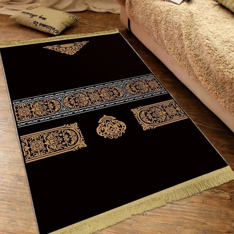 Luxe gebedskleed zwart met kaaba patroon Goud - Gebedskleed