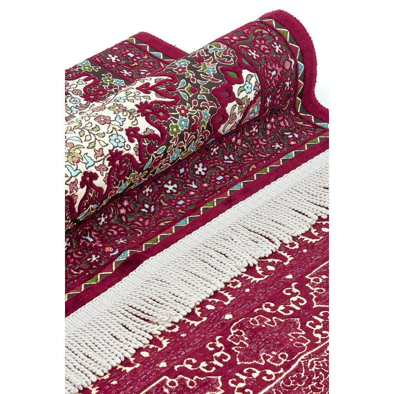 Ornate burgundy en witte geprinte luxe Ottomaanse Chenille Gebedskleed met franjes