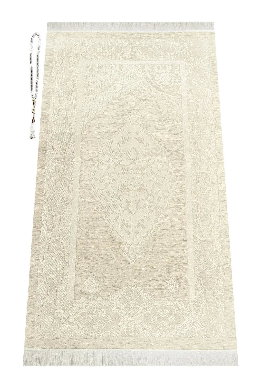 Luxe Ottomaanse Chenille Gebedskleed + tasbih -Crème - Islamboekhandel.nl