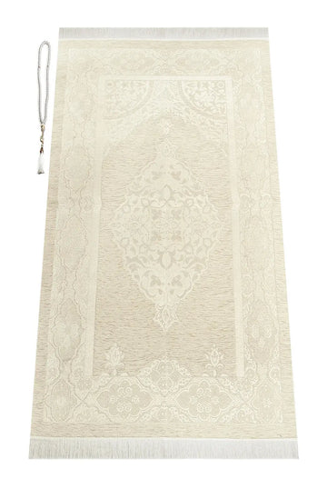 Luxe Ottomaanse Chenille Gebedskleed + tasbih -Crème - Islamboekhandel.nl