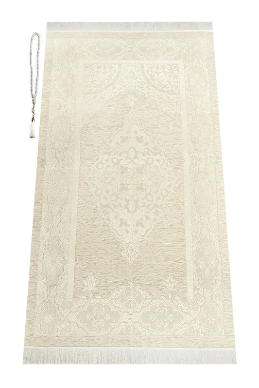Luxe Ottomaanse Chenille Gebedskleed + tasbih -Crème - Islamboekhandel.nl