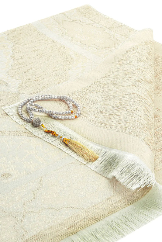 Luxe Ottomaanse Chenille Gebedskleed + tasbih -Crème - Islamboekhandel.nl