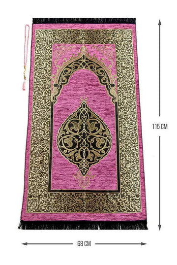 Luxe Ottomaanse Chenille Gebedskleed + tasbih -Fuchsia - Islamboekhandel.nl