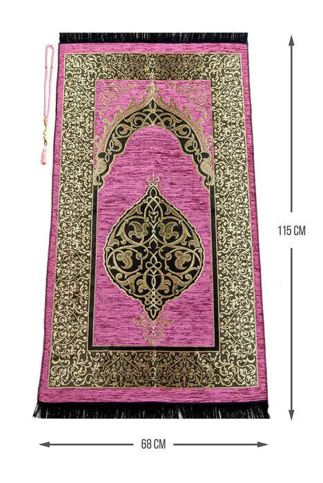 Luxe Ottomaanse Chenille Gebedskleed + tasbih -Fuchsia - Islamboekhandel.nl