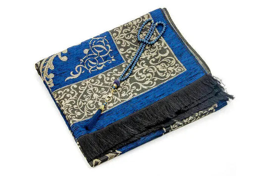 Luxe Ottomaanse Chenille Gebedskleed + tasbih -Marineblauw - Islamboekhandel.nl