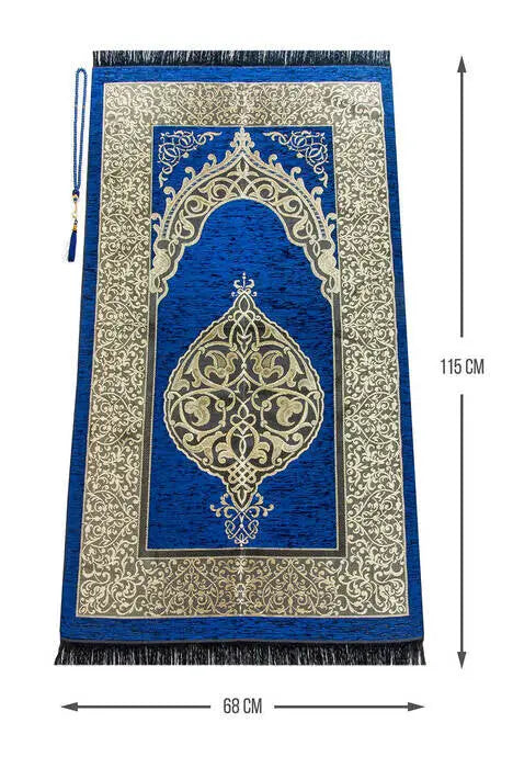 Luxe Ottomaanse Chenille Gebedskleed + tasbih -Marineblauw - Islamboekhandel.nl