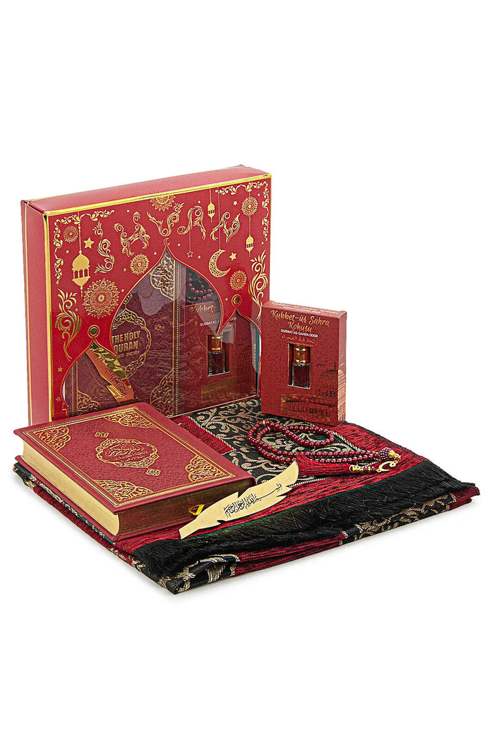 Luxe rode cadeauset met een engels/arabische koran en parfum - Islamboekhandel.nl