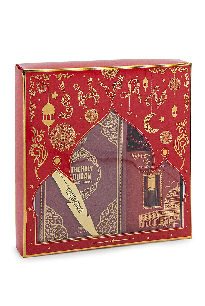 Luxe rode cadeauset met een engels/arabische koran en parfum - Islamboekhandel.nl