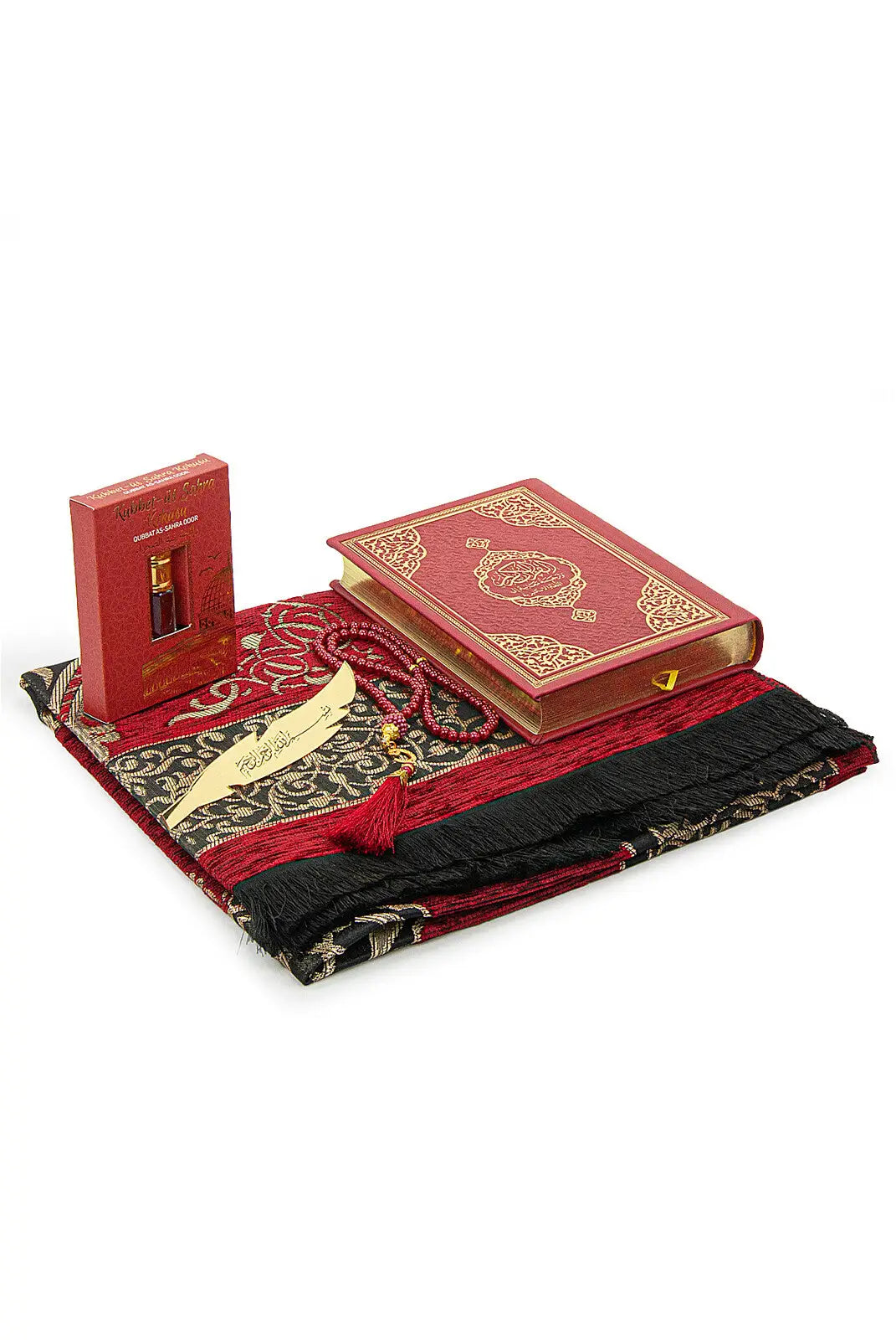 Luxe rode cadeauset met een engels/arabische koran en parfum - Islamboekhandel.nl