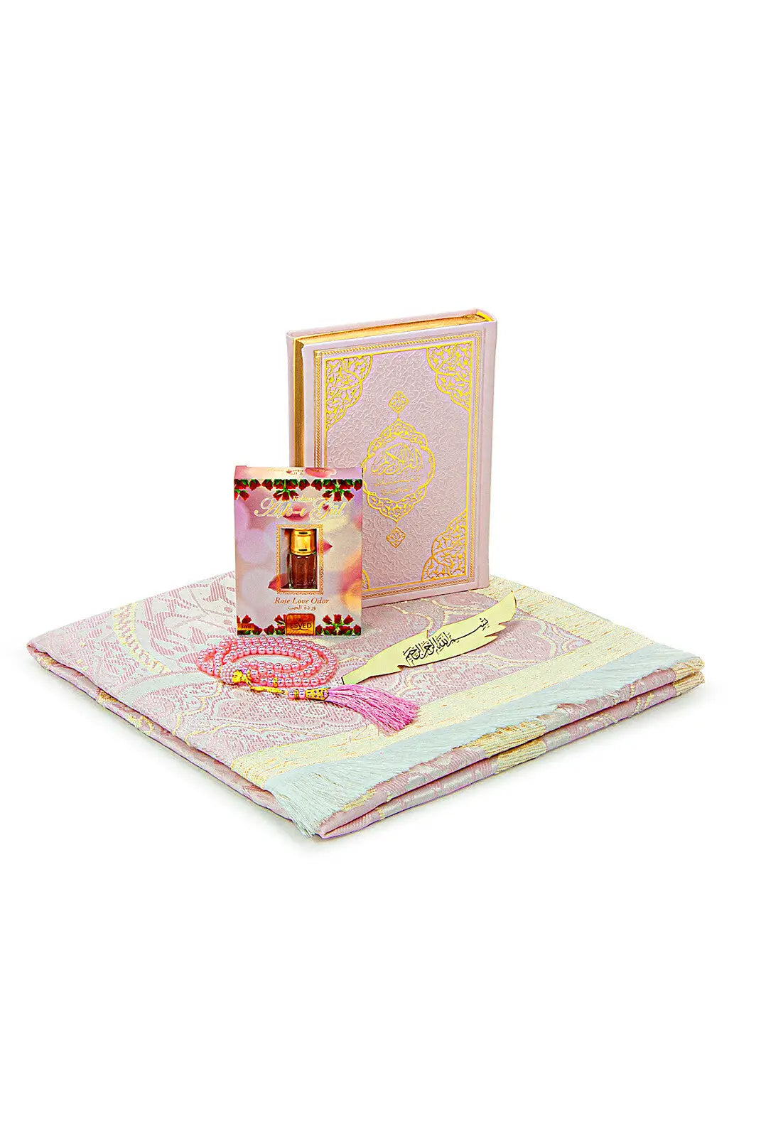 Luxe roze cadeauset met een engels/arabische koran en parfum - Islamboekhandel.nl