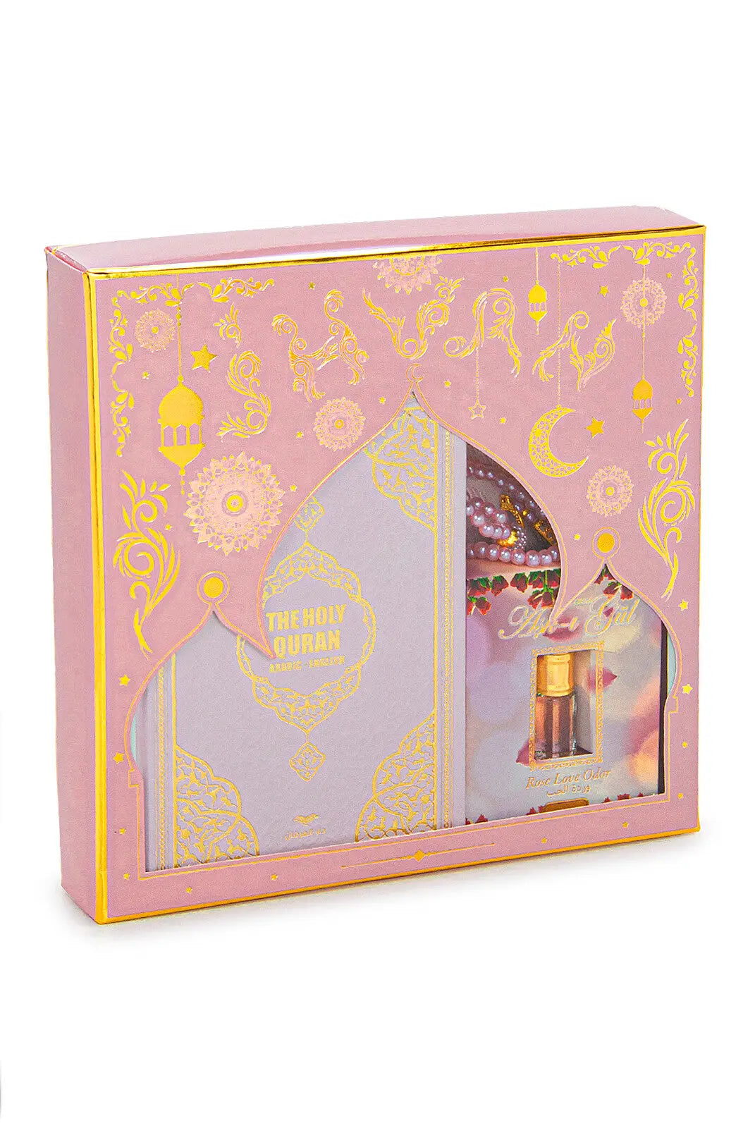 Luxe roze cadeauset met een engels/arabische koran en parfum - Islamboekhandel.nl