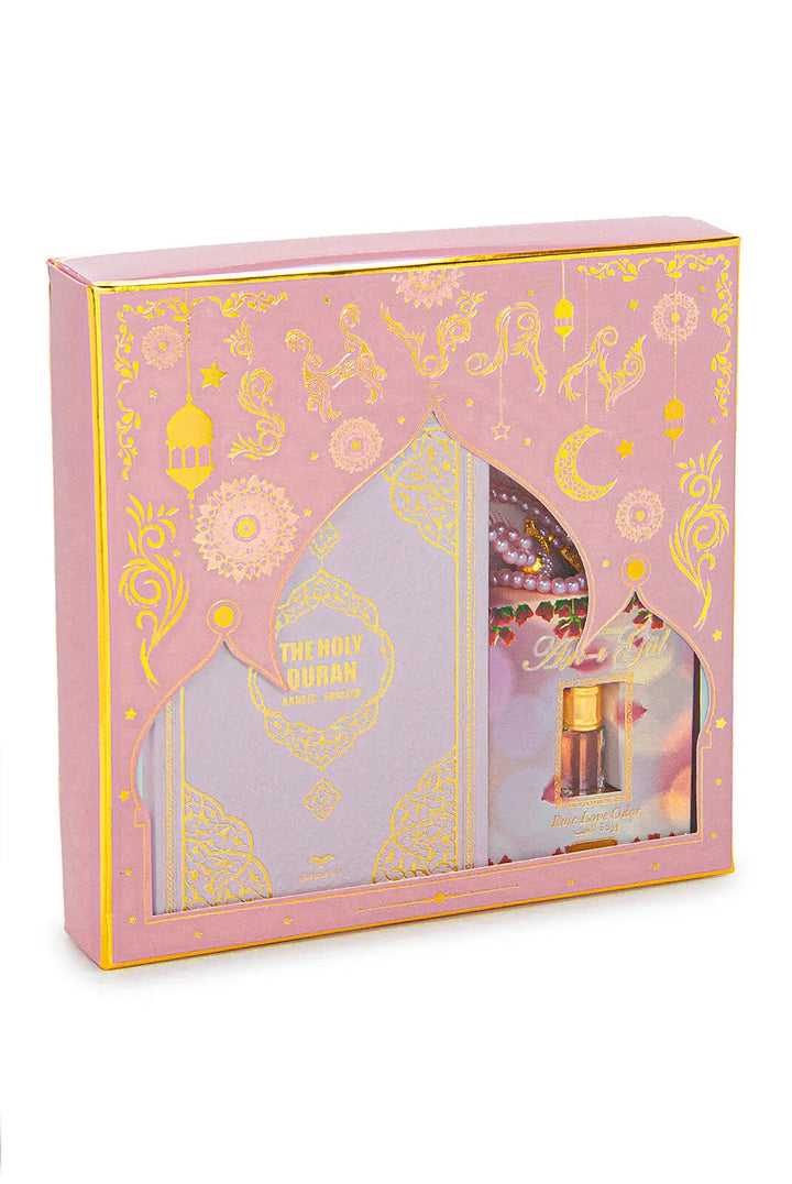 Luxe roze cadeauset met een engels/arabische koran en parfum - Islamboekhandel.nl