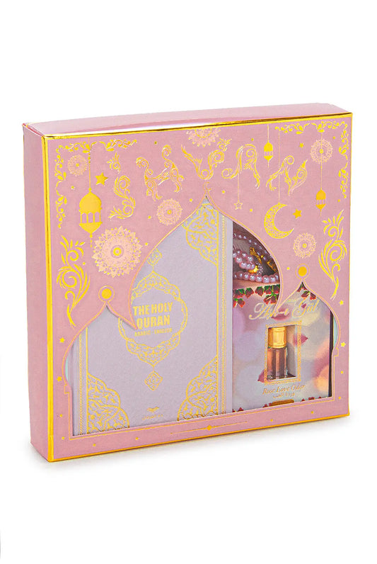 Luxe roze cadeauset met een engels/arabische koran en parfum - Islamboekhandel.nl