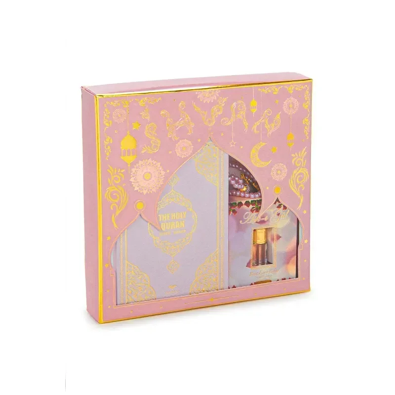 Luxe roze cadeauset met een engels/arabische koran en parfum - Islamboekhandel.nl