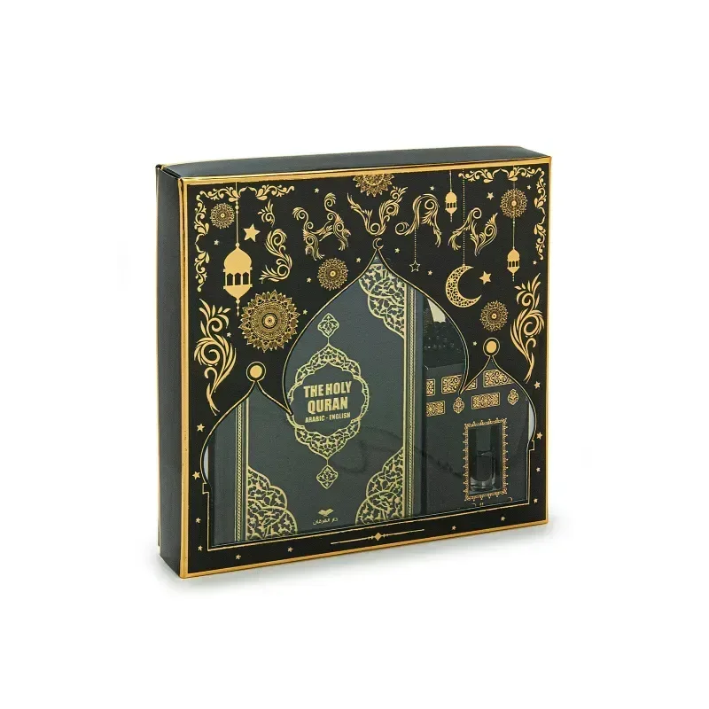 Luxe zwarte cadeauset gebedskleed, tasbih, koran arabisch/engels en parfum - Islamboekhandel.nl