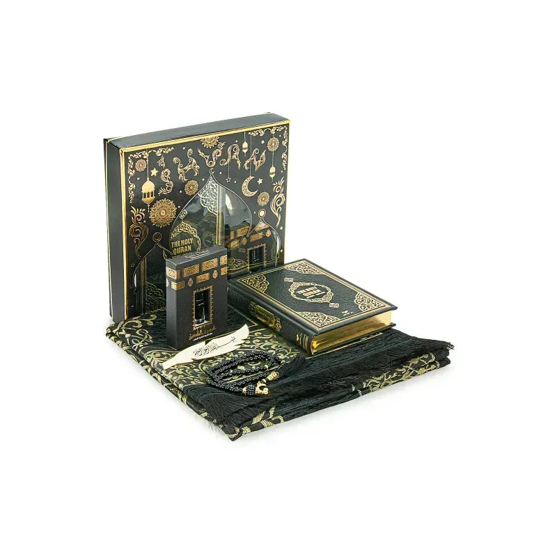 Luxe zwarte cadeauset gebedskleed, tasbih, koran arabisch/engels en parfum - Islamboekhandel.nl
