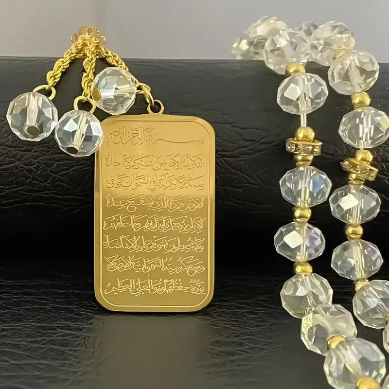 Gouden luxe zwarte tasbih auto hanger met ayat al-kursi arabische gravure en drie kristallen kralen