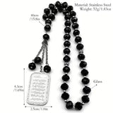 Luxe zwarte tasbih met zwarte glazen kralen en roestvrijstalen hanger gegraveerd met ayat al-kursi