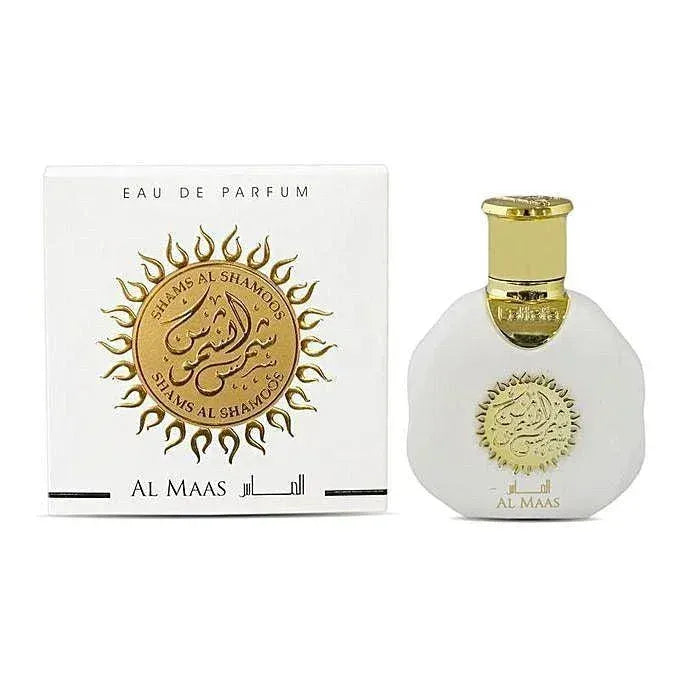 Witte glazen parfumfles met gouden dop en arabische kalligrafie zonnestraalembleem van al maas shams al shamood eau de parfum
