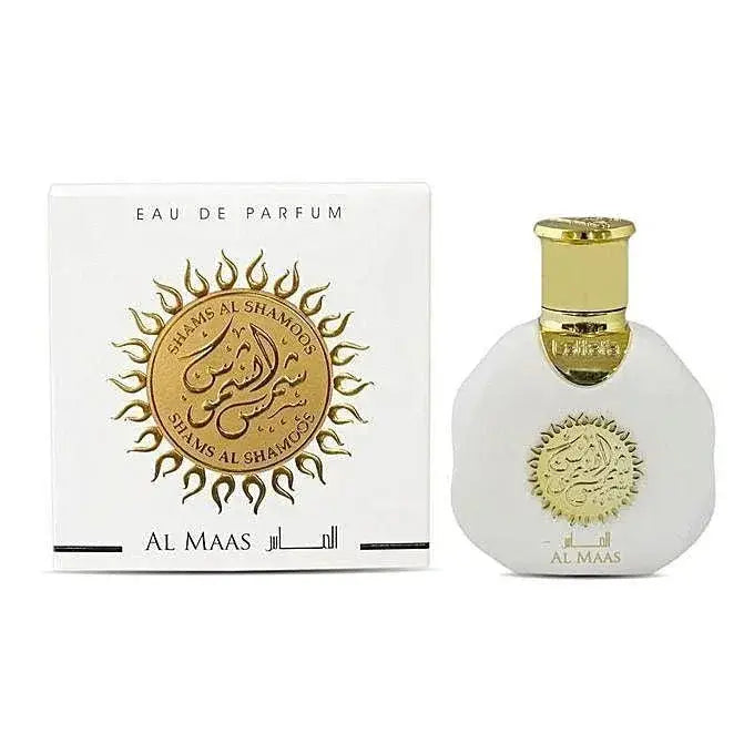 Witte glazen parfumfles met gouden dop en arabische kalligrafie zonnestraalembleem van al maas shams al shamood eau de parfum