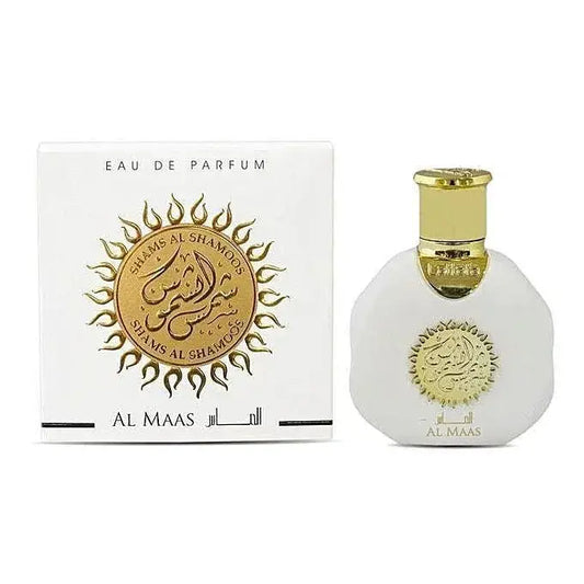 Witte glazen parfumfles met gouden dop en arabische kalligrafie zonnestraalembleem van al maas shams al shamood eau de parfum