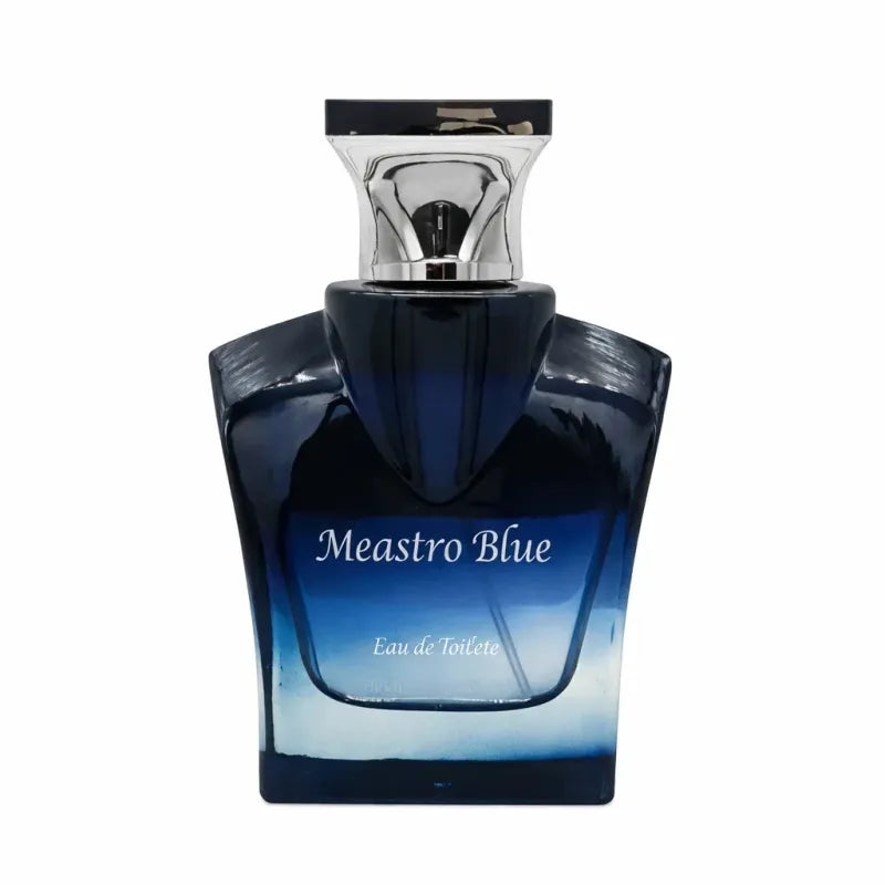 Diepblauwe glazen fles maestro blue eau de toilette met een slanke zilveren dop