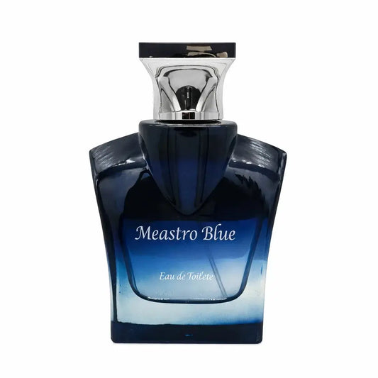 Diepblauwe glazen fles maestro blue eau de toilette met een slanke zilveren dop