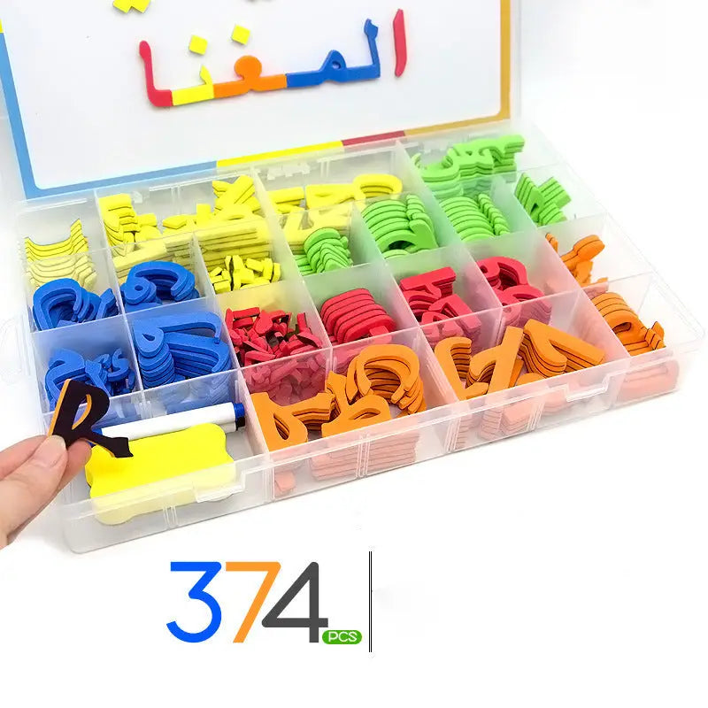 Vibrerende magnetische arabische letters set van 350 stukjes in meerkleurig foam met duidelijke plastic organizer