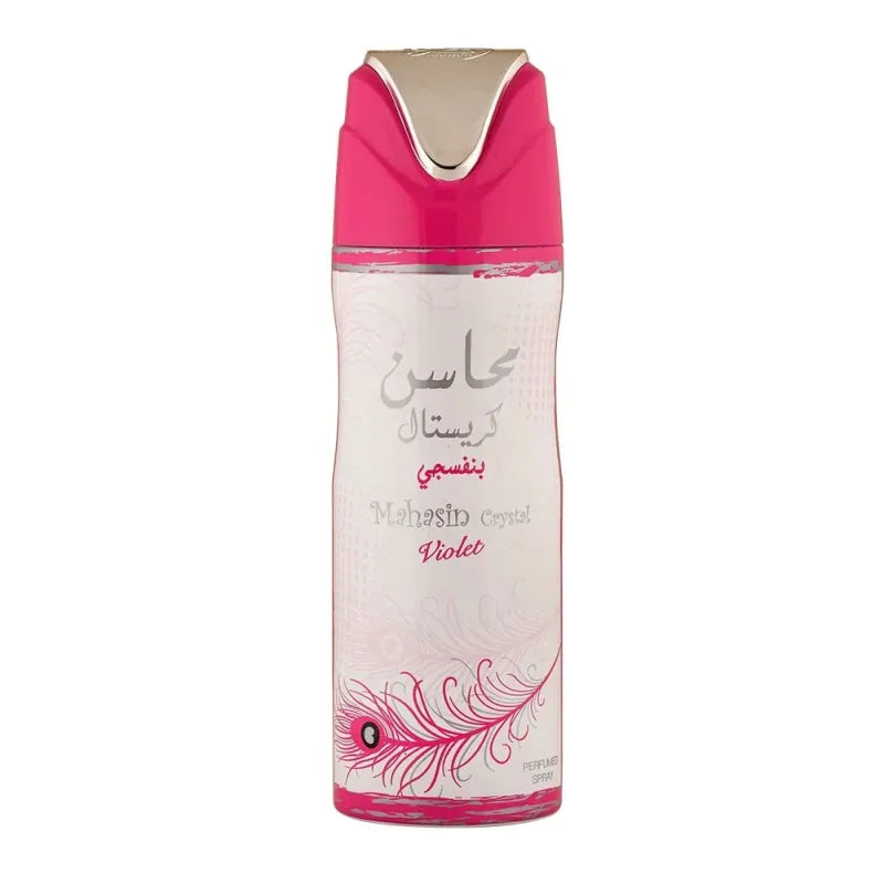 Mahasin Crystal Violet Deodorant spray can in pink and silver design