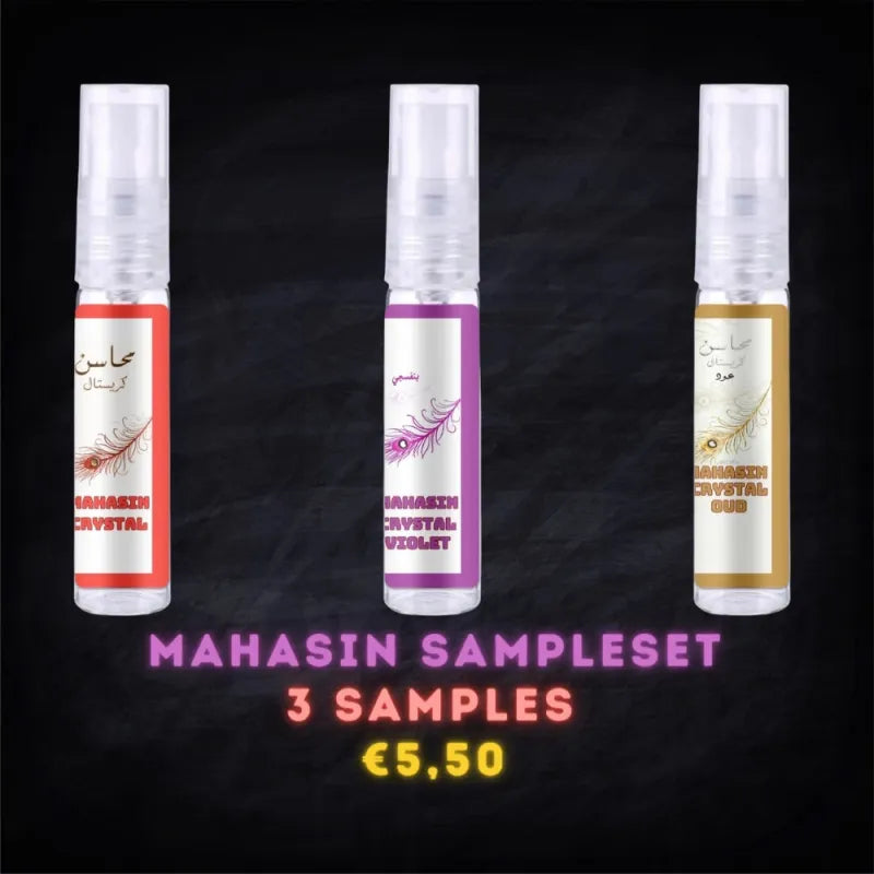 Drie geur monsters in een Mahasin Sampleset met kleurrijke labels voor €5,50