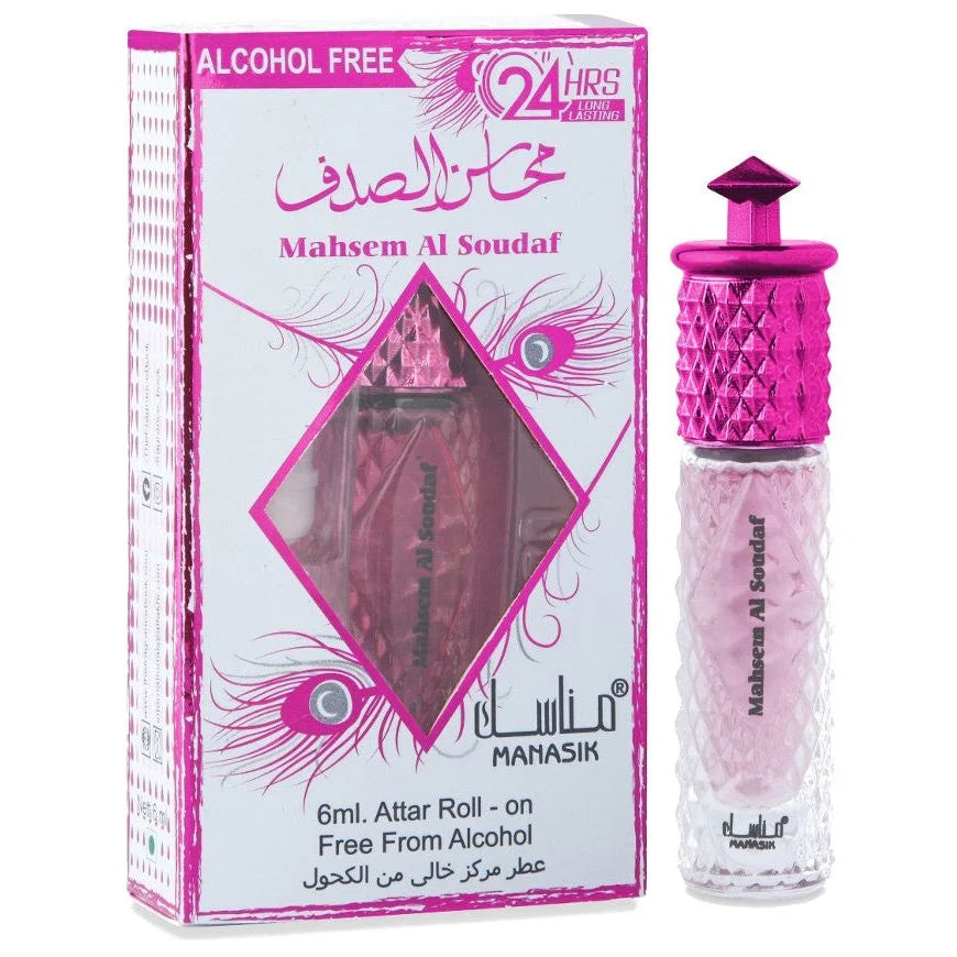 Roze en witte parfumroll-on met Arabische tekst, Mahsem Al Soudaf manasik parfum