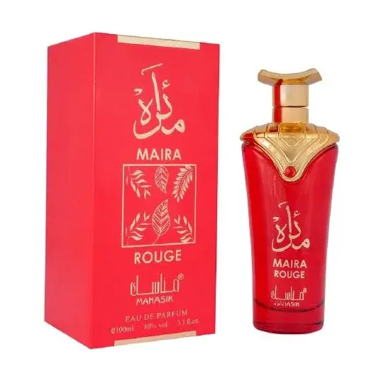 Rood glazen parfumflesje met gouden accenten en bijpassende rode doos maira rouge van mahasik 100 ml edp