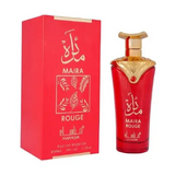 Rood glazen parfumflesje met gouden accenten en bijpassende rode doos maira rouge van mahasik 100 ml edp