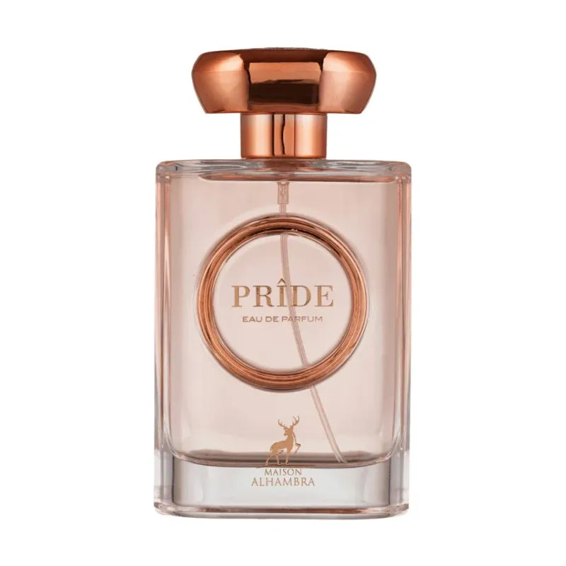 Roze gouden en glazen parfumfles ’Pride’ van Maison Al Hambra Pride met hertlogo