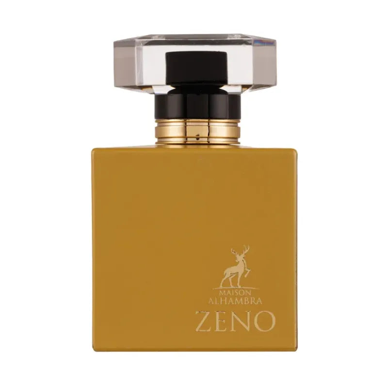 Geel parfumflesje met zilveren dop en ZENO-logo van Hambra Zeno