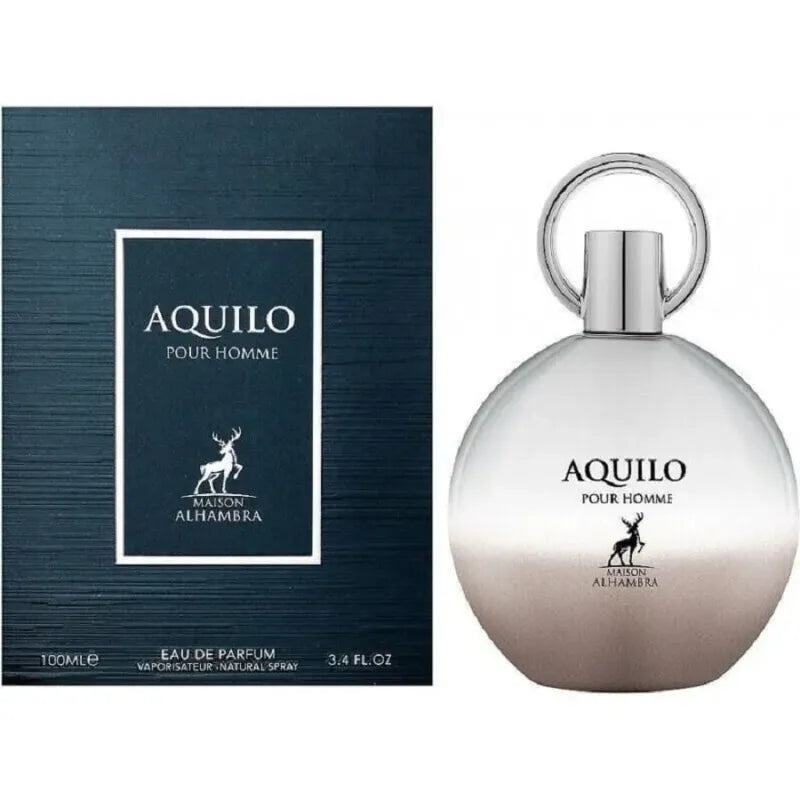 Herenparfum Maison Alhambra Aquilo Pour Homme met hertlogo en zilver-wit design