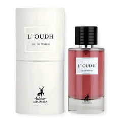 Flesje L’Oudh eau de parfum met witte cilinder doos van Maison Alhambra L’Oudh