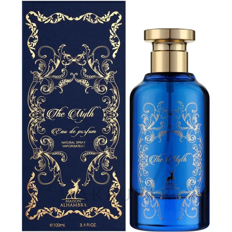 Blauw glazen parfumfles met gouden ontwerpen van Maison Alhambra The Myth EDP 100 ml