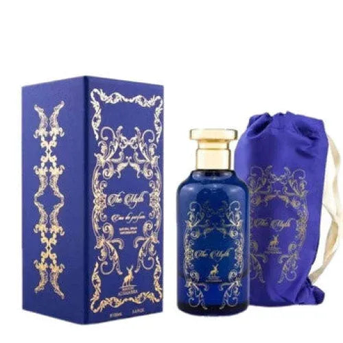 Ornate blue and gold parfumfles met doos en zak voor Maison Alhambra The Myth EdP