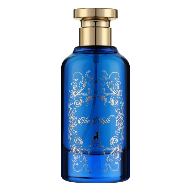 Blauwe glazen parfumfles met gouden ontwerpen, Maison Alhambra The Myth EdP 100 ml